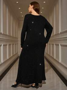 EMERY ROSE 女式加大码长袖条纹长款连衣裙，带口袋 - 黑色 - 查看 3