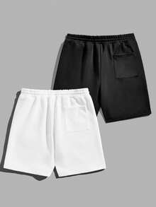 Manfinity VCAY 2pcs Men's Knitted Shorts With Letter & Heart Print - Black - View 2