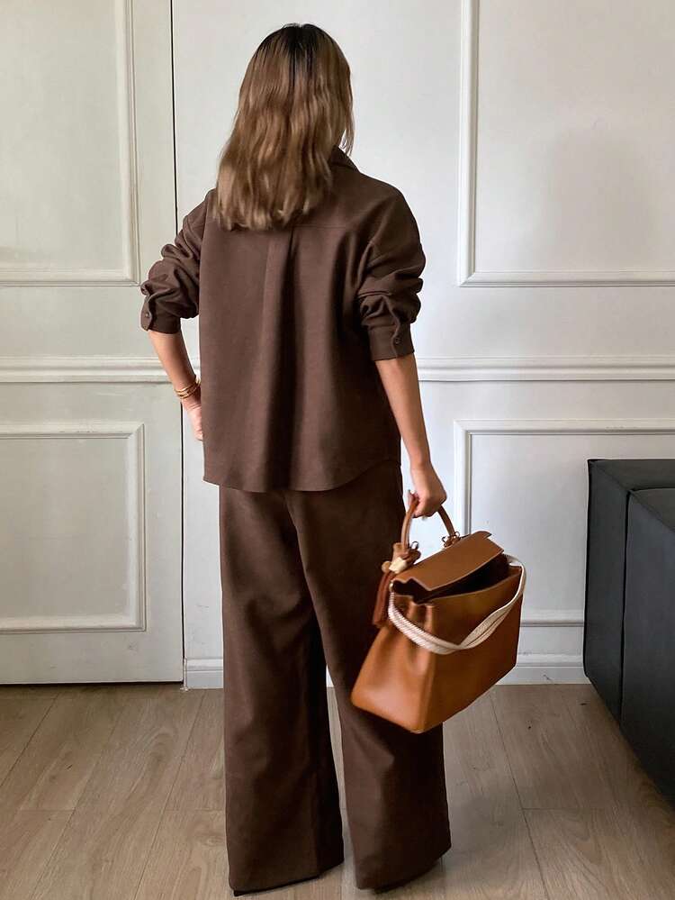 Women's Casual Solid Color Pocket Shirt And Pants 2 Pieces Set, Autumn Lounge Sets For Women