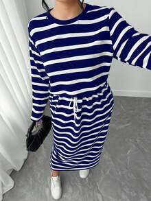 Elenzga 大码女式休闲通勤条纹长袖连衣裙 - 藍色 - 查看 6