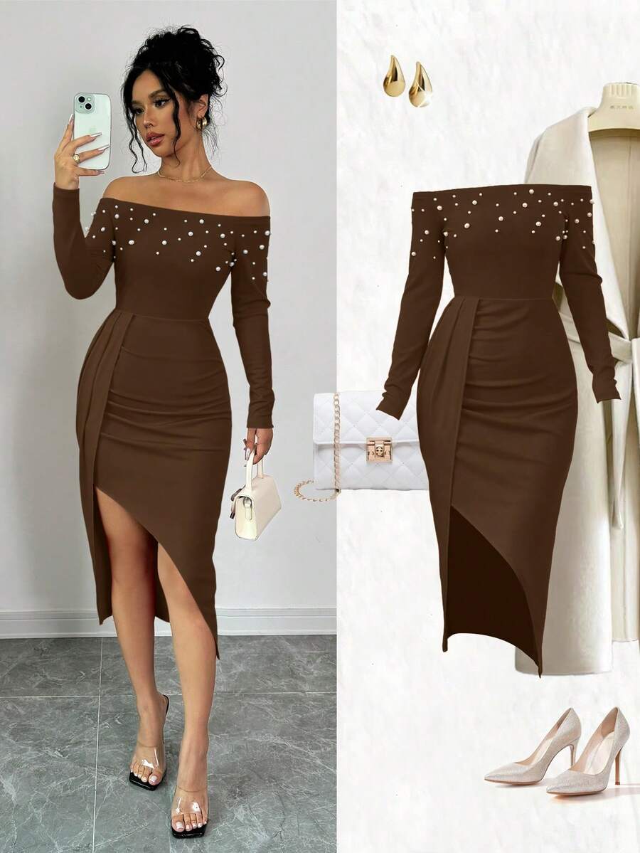 Elenzga Women's Open Shoulder Long Sleeve Ruched High Slit Pearl Design Bodycon Dress For New Year Clothes - Brown - View 1