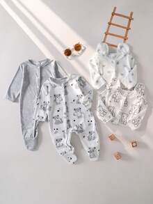 4pcs Newborn Bear Pattern Khaki Long Sleeve Footed Jumpsuit Pajamas Set Bear Pattern Winter Home Wear (4-Piece Set) Baby Unisex Clothes Sets Newborn Baby Boy Romper Long Sleeve Baby Girls Printed Romper 2pcs Newborn Baby Bear Print Romper - Multicolor - View 5