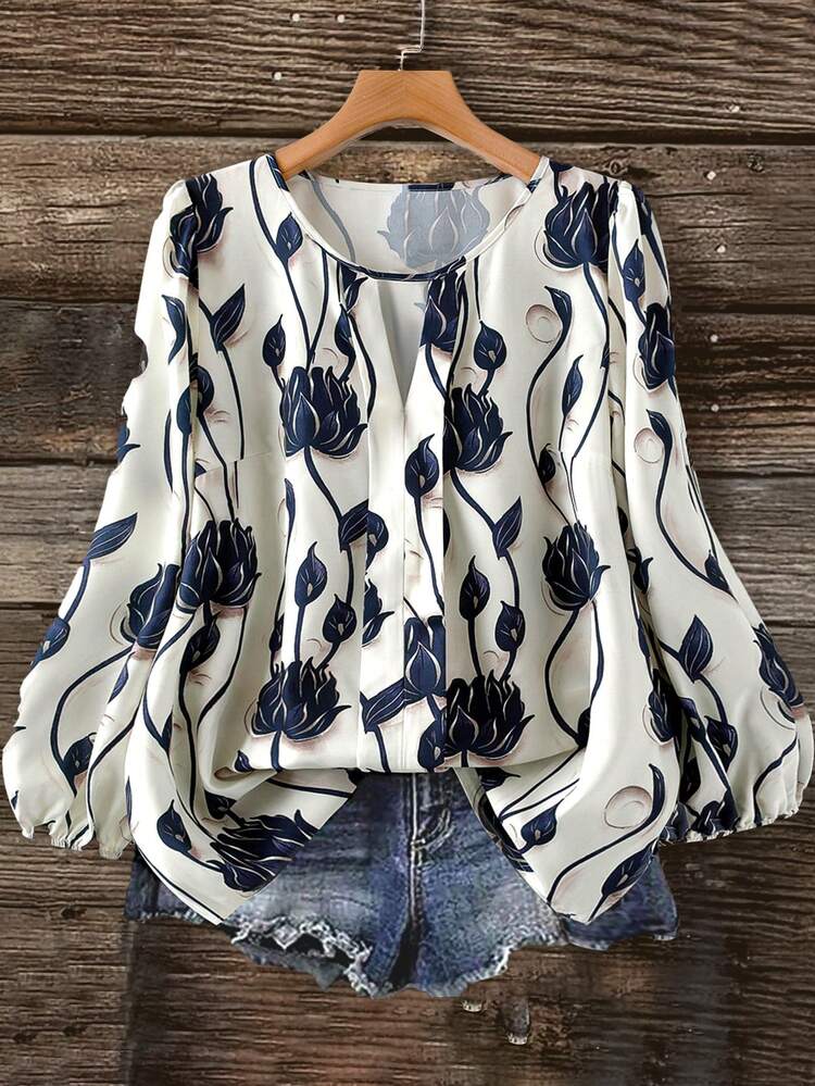 Linhara Chemisier à manches longues col rond imprimé floral pour femmes grandes tailles, chemise fleurie bleue et blanche, vêtement d'automne, chemise pour festival de musique country, chemise d'automne pour femmes, vêtements d'extérieur, nouvelle arrivée 2025 - Multicolore - Voir 1