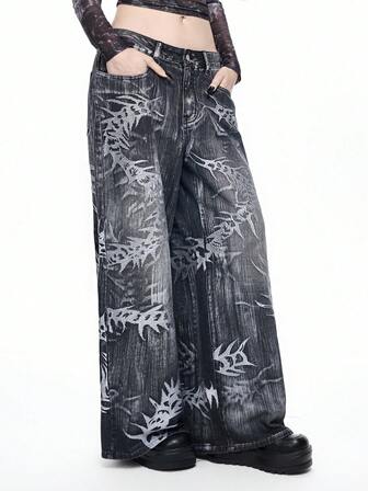 Grunge Punk Jeans amples à jambes larges lavés de style mécanique futuriste pour fille