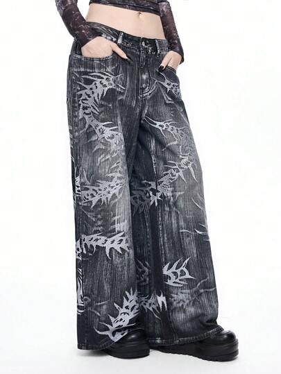 Grunge Punk Futuristisch mechanisches Mädchen Loose Washed Weite Bein Jeans