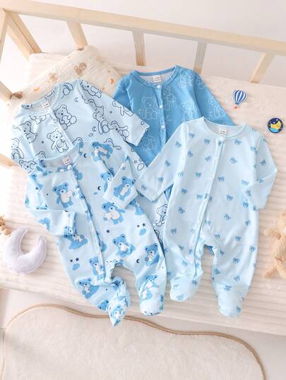 4pcs Newborn Bear Pattern Khaki Long Sleeve Footed Jumpsuit Pajamas Set Ear Pattern Pajamas, Soft Winter Pajamas, 4-Piece Set Newborn Pajamas Sets Baby New Born Clothes Boy Newborn Clothes Boy Blue Newborn Baby Set