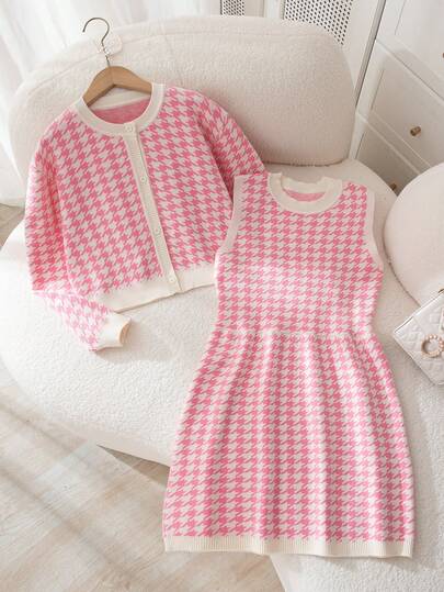 SHEIN 少女秋冬休闲通勤上学风千鸟格撞色包边纽扣开衫和无袖收腰毛衣连衣裙套装