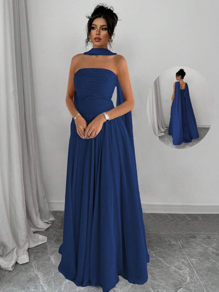 Elenzga 1pc Women Solid Color Halter Dress With Pleated Detail, Elegant Sleeveless Long Dress Maxi Women Outfit - Navy Blue - View 1