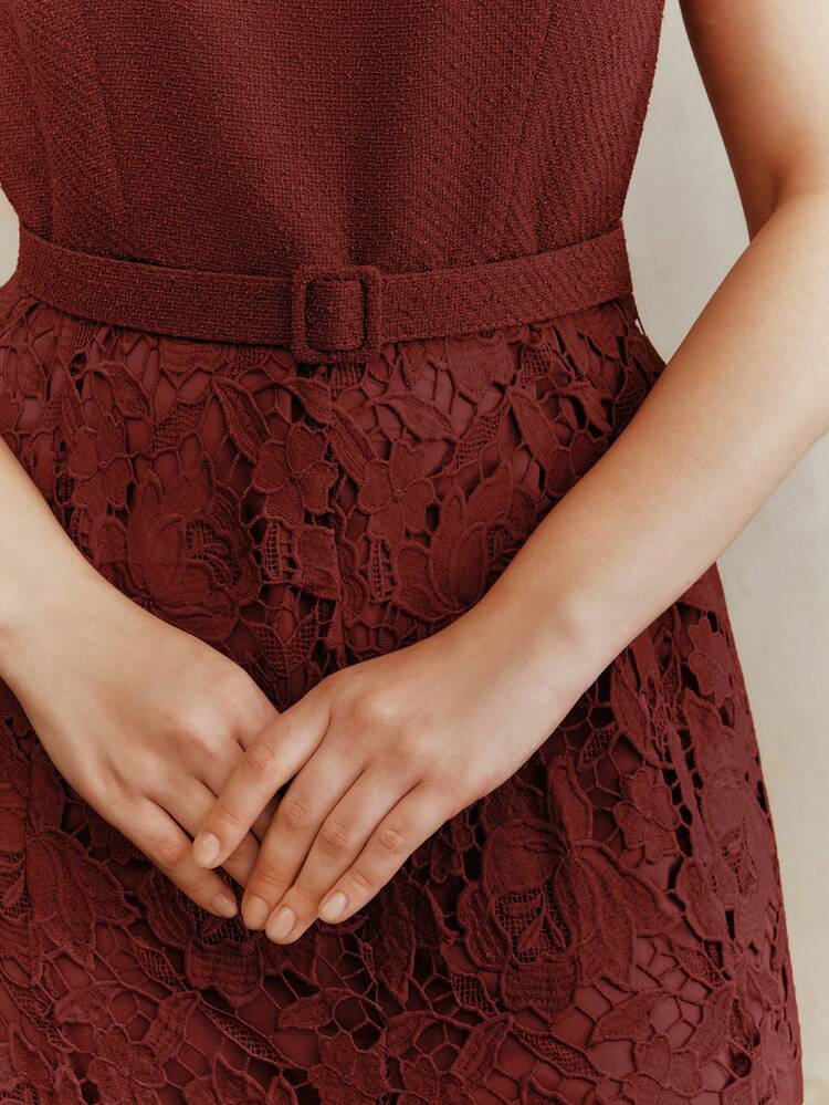 Valentine Plus Size Women's Elegant Sleeveless High Waist Lace Patchwork Hollow Out Midi Dress, Burgundy, Christmas