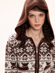 ROMWE Kawaii 女士休闲几何图案拉链连帽开衫，秋冬季 - 棕色 - 查看 2