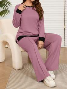 EMERY ROSE Bộ quần áo hoodie và quần nỉ màu xanh tương phản thường ngày cỡ lớn có túi dành cho nữ, mùa thu/đông - Bụi hồng - Xem 2