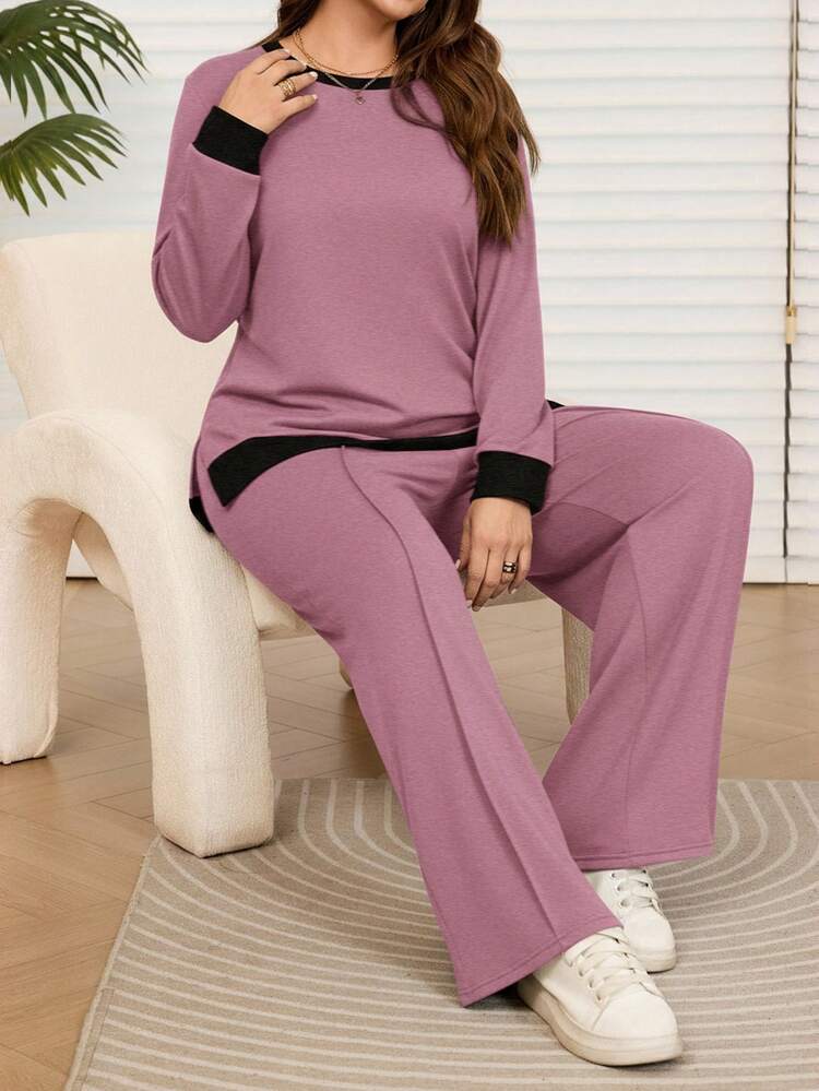 2pcs Plus Size Women Fall Casual Pink Contrast Color Hoodie And Sweatpants Set With Pockets, Autumn/Winter,, Women Plus Clothing Sets,Going Out Outfits,2025 New Clothes,Simple And Fashionable For Everyday Wear,Plus Size Winter Clothes, Modest Two Piece Set,, Modest Sets For Women, Wide Leg Pants Set,Comfortable And Breathable,Christmas Outfit For Women ,New Year Clothes,2 Piece Lounge Sets Women 2 Piece Lounge Sets Woman