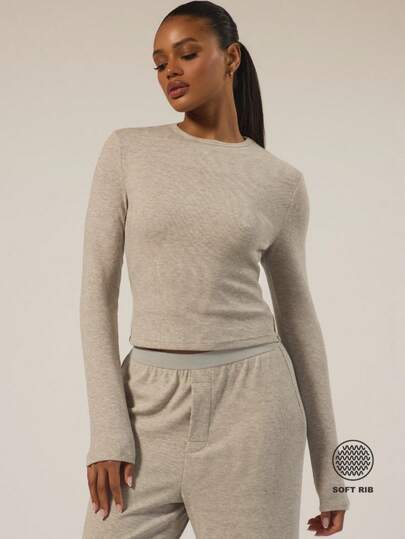 MUSERA ESSENTIALS Long Sleeve Soft Rib Crewneck Top Autumn Winter Fall Underwear Everyday Cosy Lounge Essential Spring Vacation Holiday