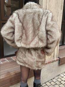 Lyxana Faux Fur Coat And Mini Skirt Luxury 2 Pieces Set For Women, Autumn/Winter - Khaki - View 2