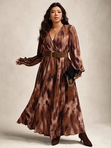 Zelara 大码秋季服装全印花褶皱豹纹长袖连衣裙/秋季连衣裙/秋季女装秋季婚礼宾客连衣裙优雅女士连衣裙商务休闲女士工作连衣裙商务连衣裙 - 彩色 - 查看 9