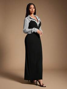 Radiana 大码女式优雅独特黑白条纹二合一衬衫裙，适合办公室/工作场合、商务休闲、通勤、约会、聚会、休闲外出、秋冬季穿着。 - 彩色 - 查看 7