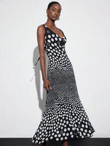 Aveloria Modichic 黑色底白色波点垂褶领连衣裙，后背系带设计，复古波点活泼可爱修身廓形，适合咖啡约会、周末郊游、复古派对等场合。 - 黑與白 - 查看 4