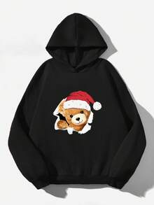 SHEIN EZwear 圣诞熊图案印花圣诞帽宽松加厚连帽长袖女式卫衣 - 黑色 - 查看 3