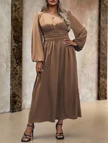Roveilla 大码休闲纯色灯笼袖侧开衩连衣裙，春秋季女士长款套装 - 摩卡棕 - 查看 4