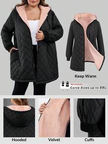 SHEIN CURVE+ Áo khoác dài tay có mũ trùm đầu màu đen và hồng tương phản hàng ngày dành cho nữ cỡ lớn, lót nhiệt dày, thoải mái, trang phục mùa đông cho nữ, áo khoác ngoài cổ điển - màu đen - Xem 1