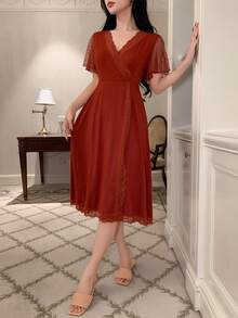 DAZY Knit Patchwork Polka Dot Mesh Lace Patchwork Waist V-Neck Women's Loungewear Dress - Redwood - View 5