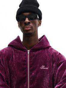 SUMWON Crop Fit Men Velour Full Zip Hoodie With Embroidered Logo Casual Streetwear Sweatshirt Winter Autumn Outerwear Plain - Purple - View 3