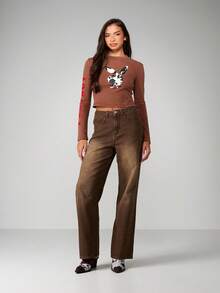 Missguided x Playboy Fitted Long Sleeve Crop Top With Cow Print Bunny Graphic And Red Sleeve Text For Casual Streetwear - Brown - View 3