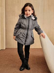 SHEIN Elladie kids 女童休闲装饰连帽束腰派克大衣，适合冬季穿着，幼儿女童冬季外套，女童带帽冬季外套，婴儿女童冬季外套，儿童灰色冬季外套，女童灰色派克大衣，粉色保暖内衬冬季外套，秋季款 - 灰色 - 查看 5