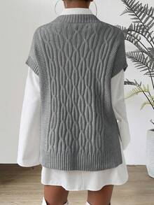 Chiquease Áo len chui đầu cổ chữ V màu trơn thường ngày cho nữ, mùa thu - Xám - Xem 2