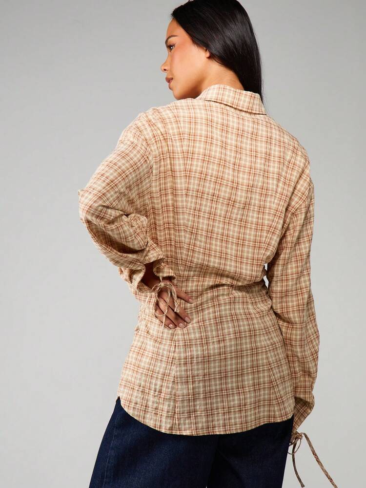 MISSGUIDED Chemise à carreaux avec cordon de serrage à la taille et manches longues pour le port casual au bureau en automne et hiver