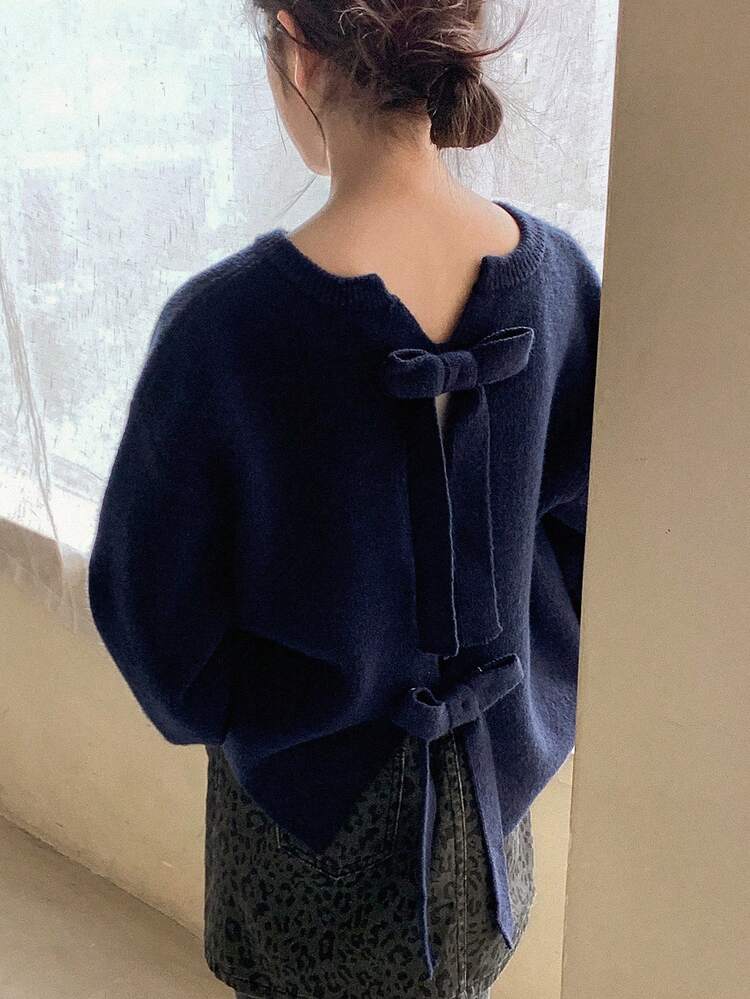 Tween Girls Round Neck Bow Decor Sweater, Fall