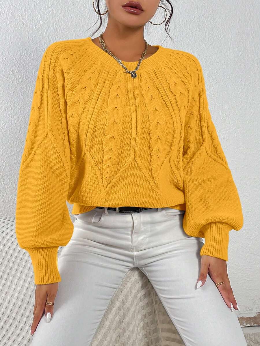 EMERY ROSE 秋冬休闲纯色灯笼袖毛衣 - 芥末黃 - 查看 1