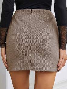 SHEIN Frenchy Chân váy bút chì xẻ tà phía trước họa tiết xương cá dành cho nữ, phù hợp để đi làm và đi chơi - màu nâu - Xem 2