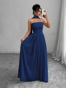 Elenzga 1pc Women Solid Color Halter Dress With Pleated Detail, Elegant Sleeveless Long Dress Maxi Women Outfit - Navy Blue - View 3