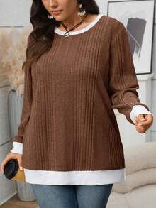 EMERY ROSE Große Größen Kontrast Farbe 2 in 1 Rundhals Dropped Shoulder Langarm Spaltung Saum Lässiges Loose Sweatshirt