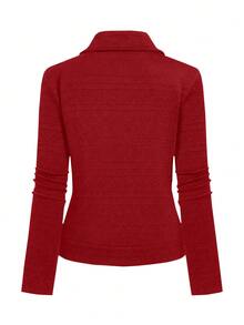 GlowEve 翻领纹理面料拉链休闲机车夹克 - 紅色 - 查看 2