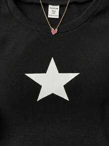 SHEIN 少女纯色星星图案褶皱吊带背心，适合冬季休闲穿着 - 黑色 - 查看 5
