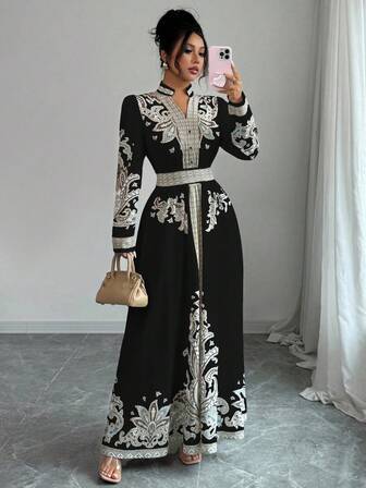 Rafferiza Vintage Floral Print V-Neck Lantern Sleeve Ruffle Hem Dress For Women, Resort & Palace Style