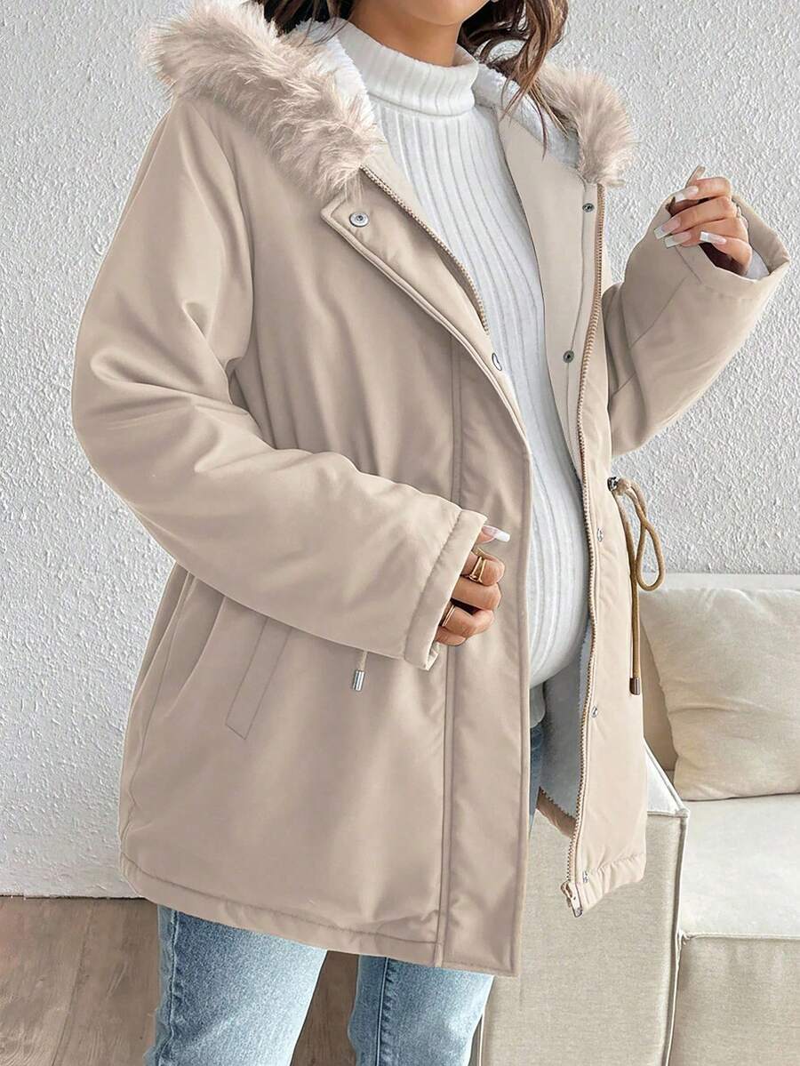 SHEIN Solid Color Drawstring Waist Thermal Lined Hooded Maternity Jacket - Khaki - View 1
