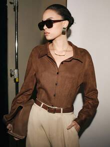 Lumivelle Vintage Commuter Slim Fit Versatile Collared Long Sleeve Shirt - Coffee Brown - View 6