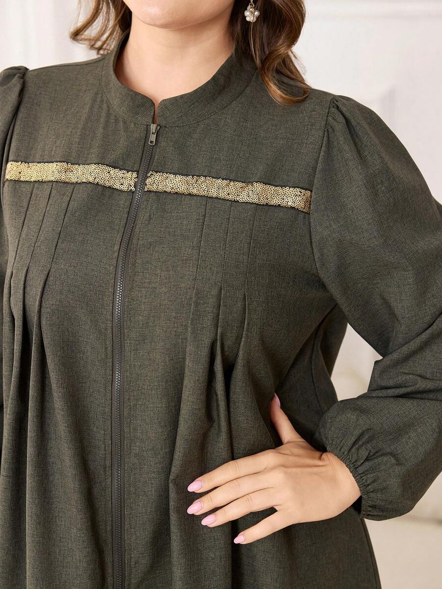 Lacomfia Robe ample pour femmes grande taille, style minimaliste mode, avec patchwork de dentelle et sequins, manches longues, fermeture éclair, pour un usage quotidien - Acajou - Voir 1