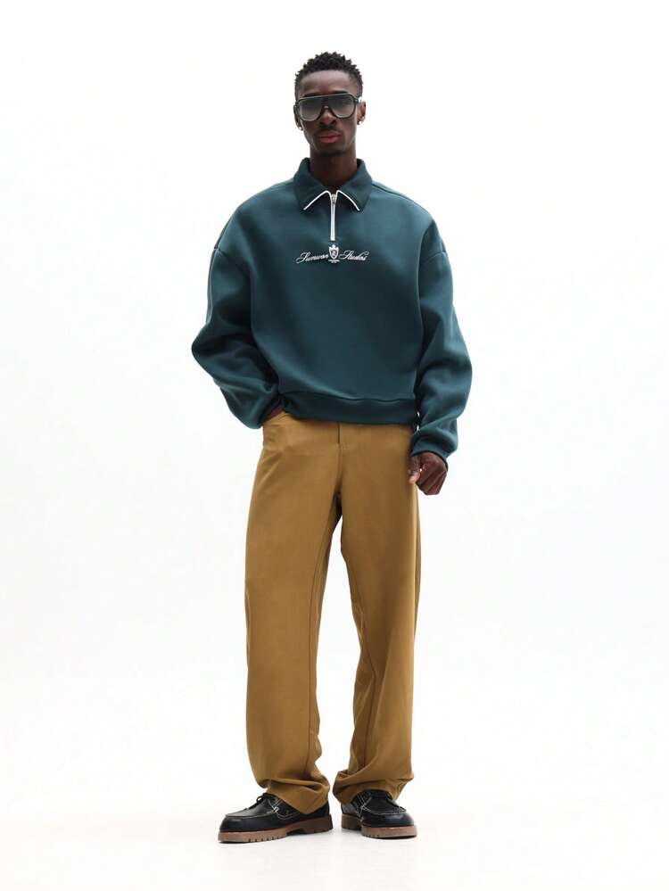 Boxy Quarter Zip Collared Sweatshirt With Logo