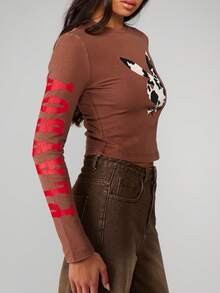 Missguided x Playboy Fitted Long Sleeve Crop Top With Cow Print Bunny Graphic And Red Sleeve Text For Casual Streetwear - Brown - View 5