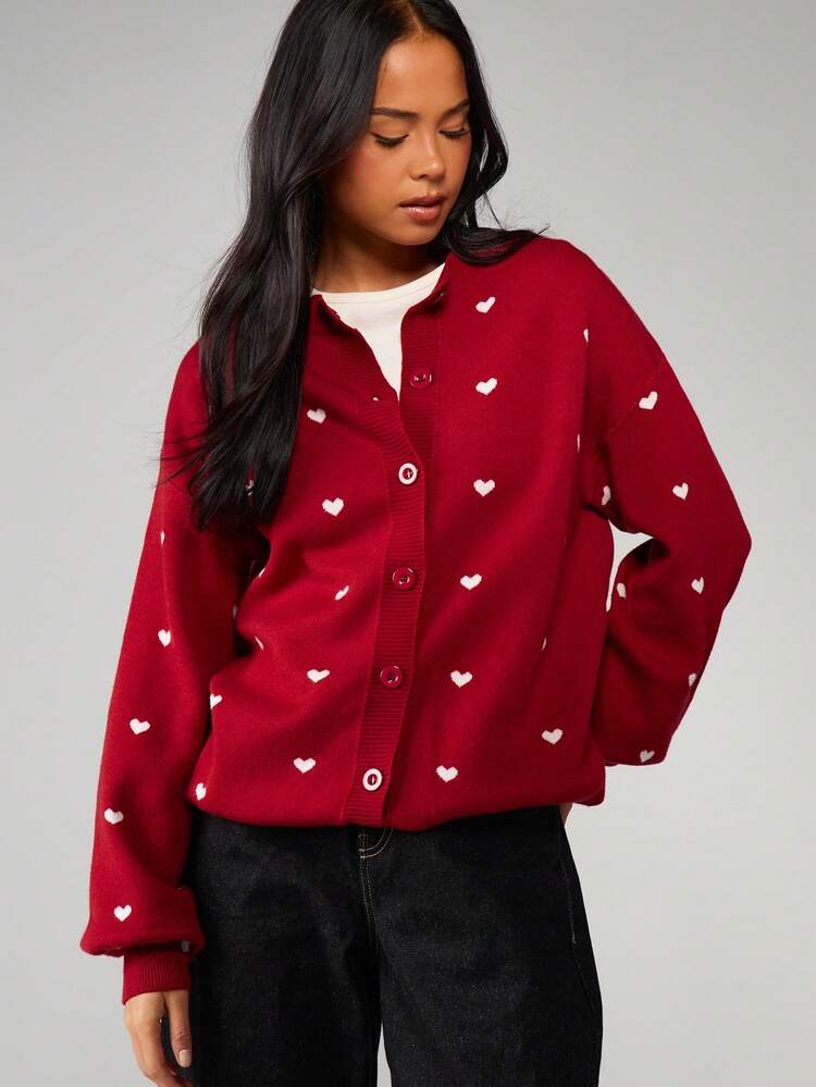 MISSGUIDED Cardigan oversize a maglia con motivo a cuore, con bottoni davanti, adatto per le vacanze invernali, San Valentino, Natale