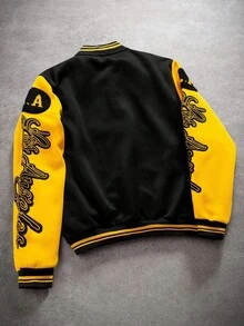 PAVTROS Manfinity Streetrush Men's Patchwork Fleece-Lined Baseball Jacket, Black And Yellow Jacket, Men Varsity Jacket, College Jacket, Men Letterman Jacket , Fall Winter, Grunge