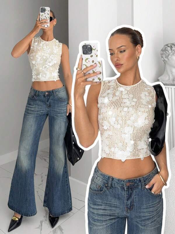 Siren Gaze Women's Fashionable Street Style Sequin Cropped Round Neck Camisole, Summer Jeans Top Lace Crop Top Jean Two Piece Set Women White Crop Top Women Lace 2 Piece Set Holiday Outfits For Women Sequin Top