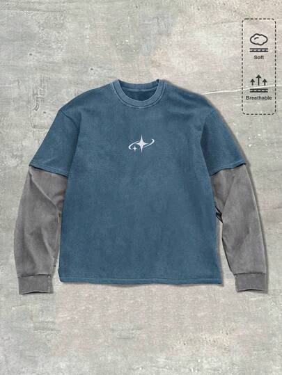 Street Life Men's Contrast Graphic Print Round Neck Casual Versatile Long Sleeve T-Shirt