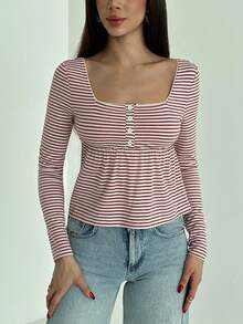 Aloruh Camisa casual de mujer de manga larga con botones frontales y rayas retro - Rojo - Ver 1