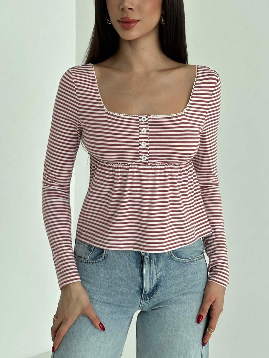 Aloruh Camisa casual de mujer de manga larga con botones frontales y rayas retro - Rojo - Ver 1