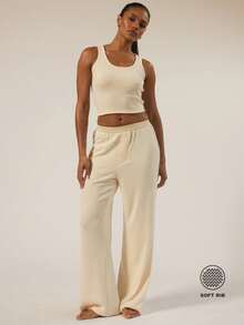 MUSERA ESSENTIALS Elastic Waist Detail Straight Leg Soft Rib Trousers Autumn Winter Fall Underwear Everyday Cosy Lounge Essential Spring Summer Vacation Holiday - Apricot - View 1